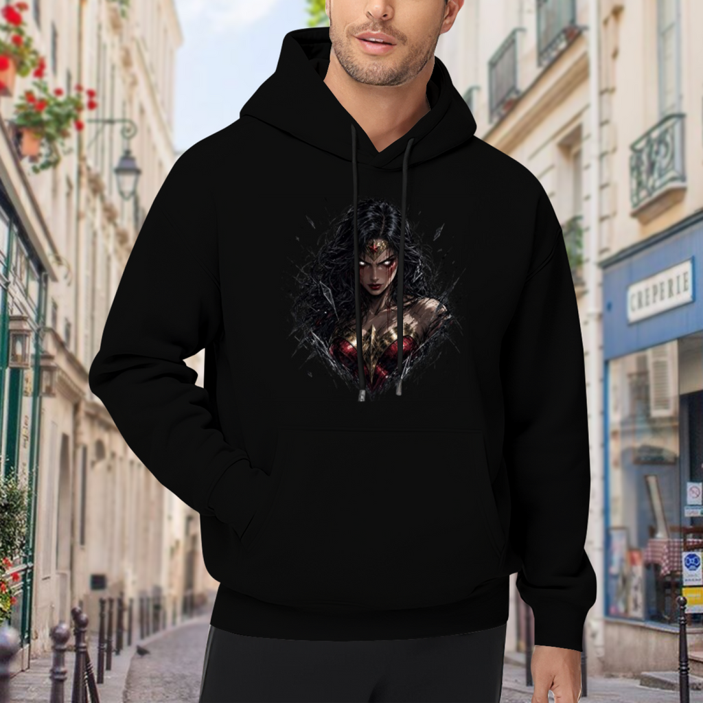 An armored warrior portrait with a fierce expression visible on a men's hoodie in an outdoor front model view