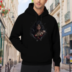 An armored warrior portrait with a fierce expression visible on a men's hoodie in an outdoor front model view