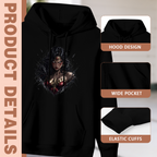 Men's Fierce Face and Armor hoodie product-feature illustration with close views of the hood, pocket and cuffs