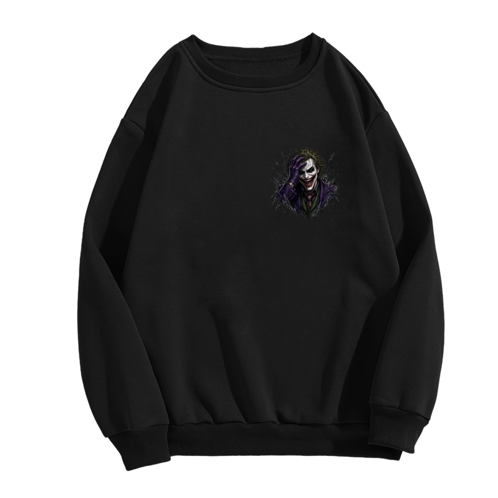 Men's crewneck sweatshirt photographed alone, with a grinning clown portrait framed by rough dark strokes on the front