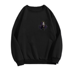Men's crewneck sweatshirt photographed alone, with a grinning clown portrait framed by rough dark strokes on the front