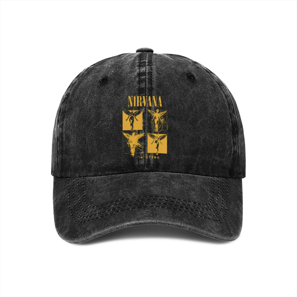 Black Nirvana In Utero Sketch Washed Baseball Cap; sketch-style Nirvana In Utero graphic