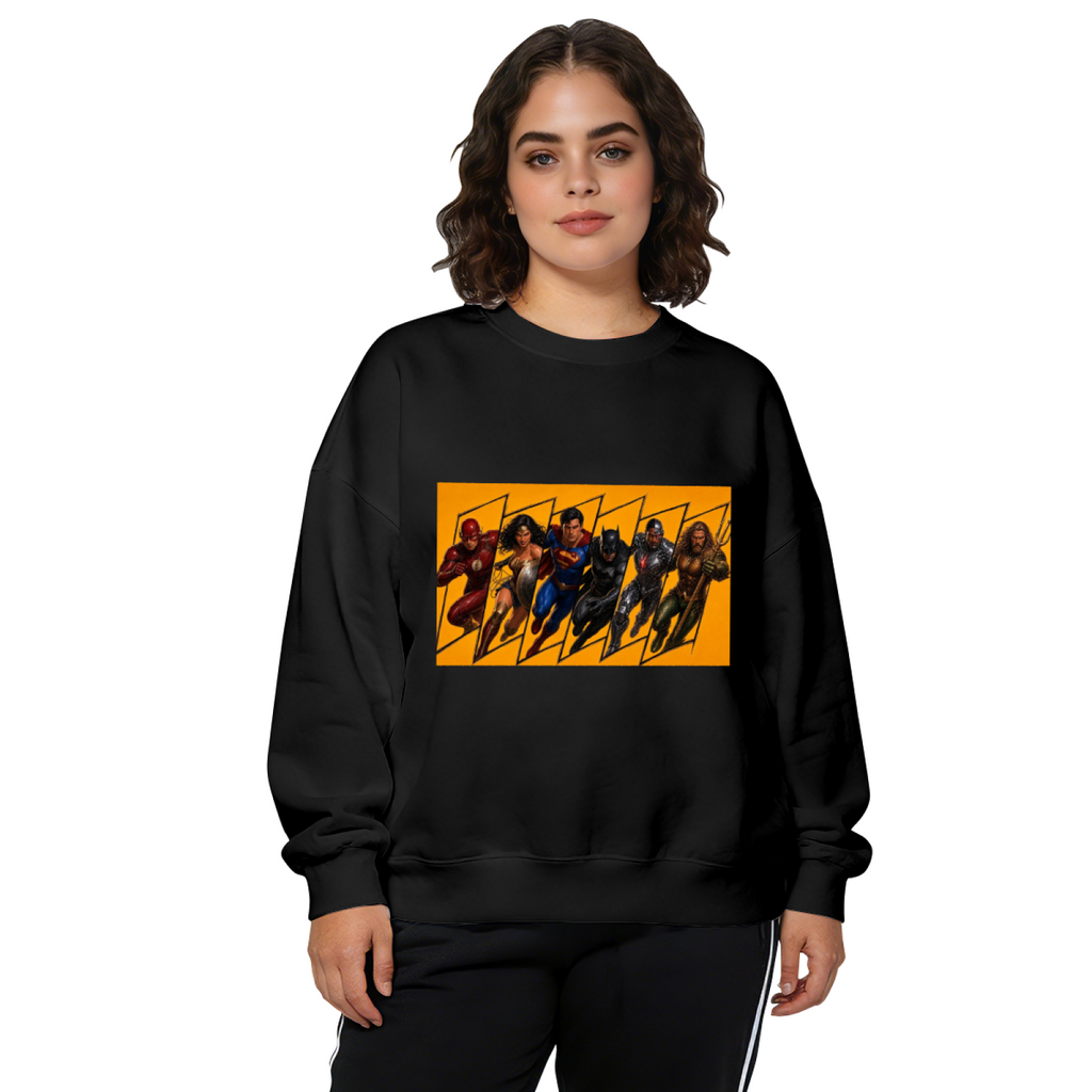 A group of costumed figures charging across a warm-toned action panel printed on a women's crewneck sweatshirt, shown in a front model photo
