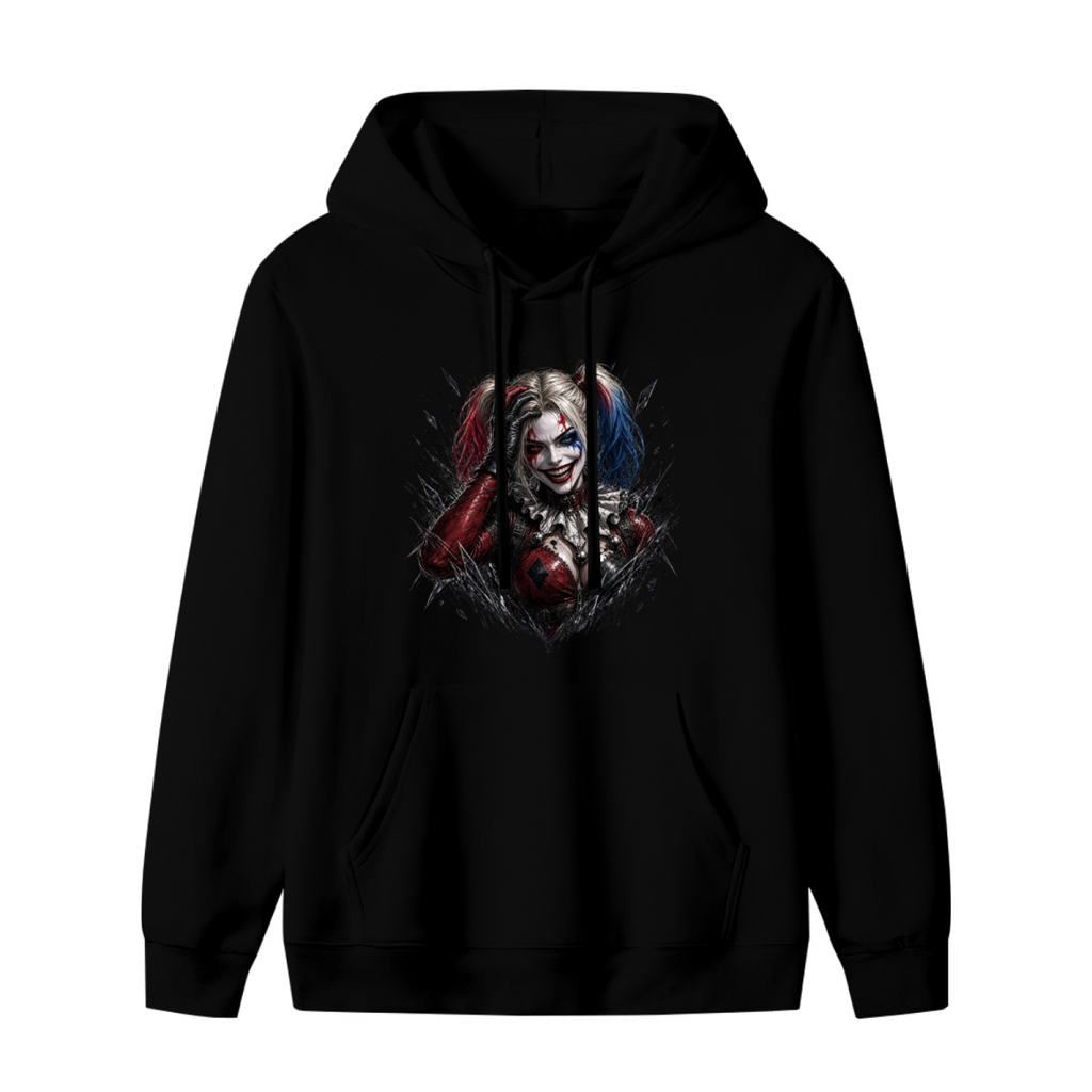 A pigtail portrait with a sly smile and rough-edged details shown on the front of a women's hoodie in a standalone product shot