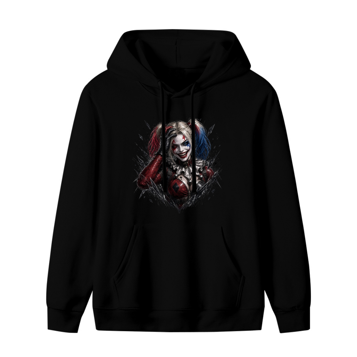 A pigtail portrait with a sly smile and rough-edged details shown on the front of a women's hoodie in a standalone product shot