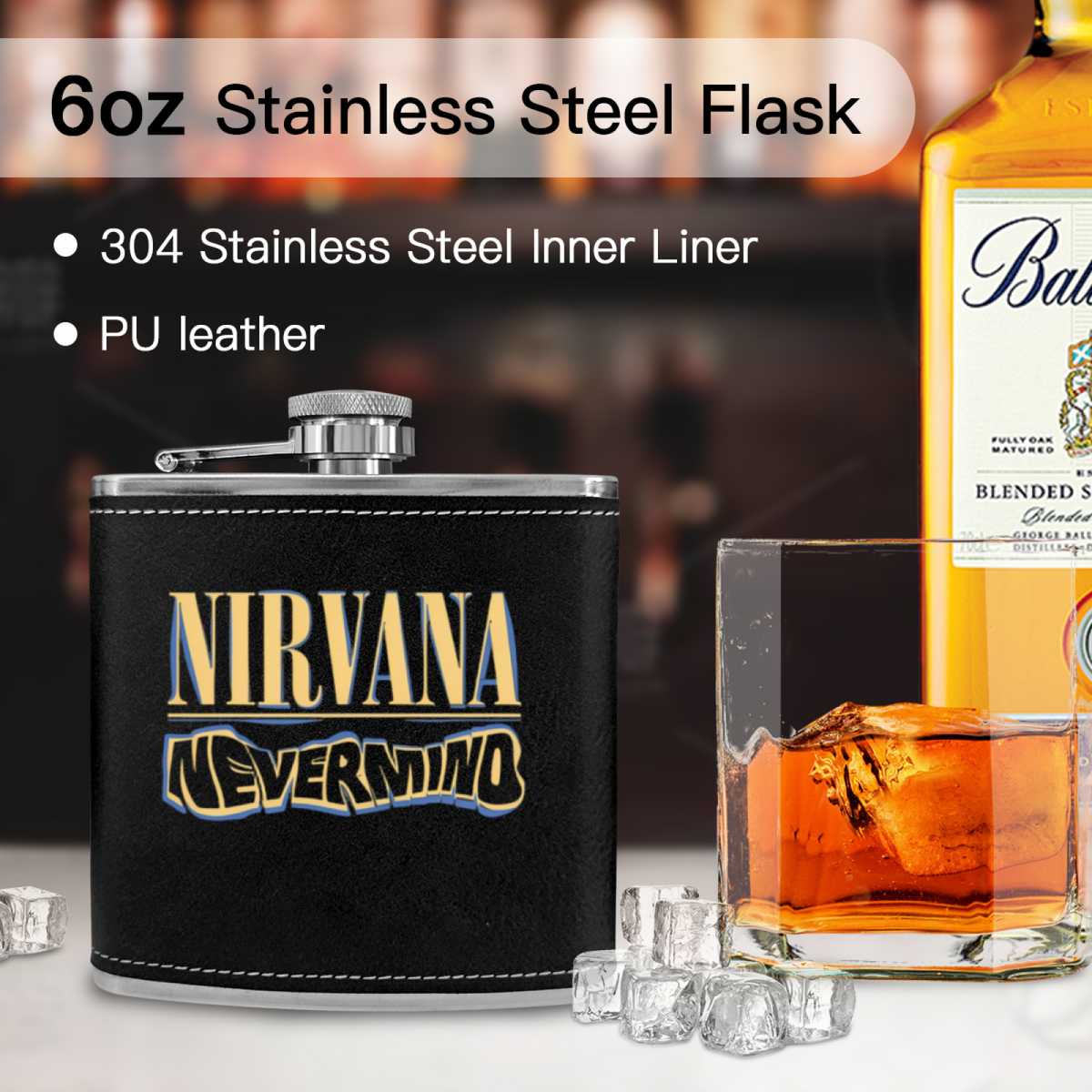 Nirvana Rough Sketch 6oz vintage-style stainless steel hip flask product image