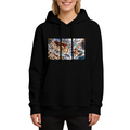 On-model product photo: women's hoodie bearing a trident-bearing figure amid a turbulent panoramic ocean battle
