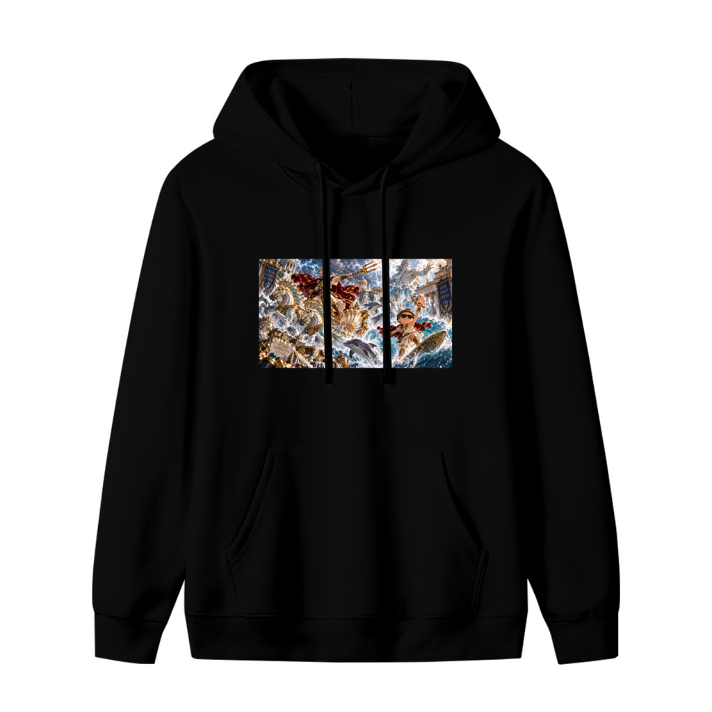 Women's hoodie photographed alone, with a trident-bearing figure amid a turbulent panoramic ocean battle on the front