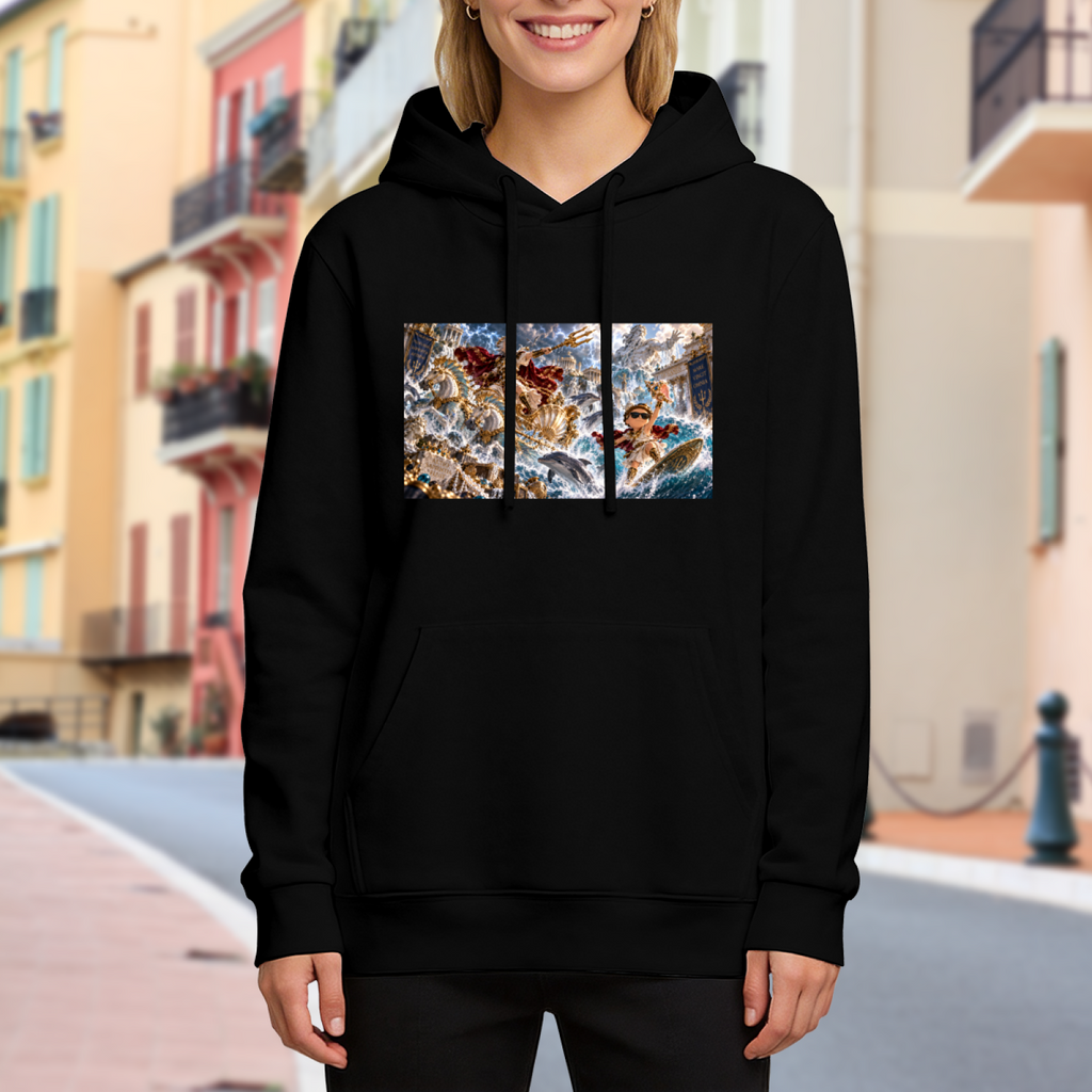 Lifestyle image outdoors: women's hoodie with a front graphic of a trident-bearing figure amid a turbulent panoramic ocean battle