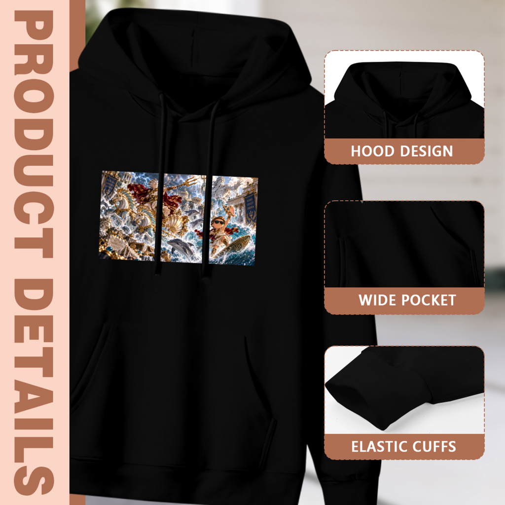 Feature collage for the women's Ocean Fight in Full Motion hoodie: hood shape, pouch pocket and cuff finishing