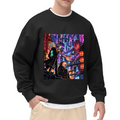 Front-facing model wearing a men's crewneck sweatshirt decorated with two figures on a rooftop overlooking a glowing futuristic city