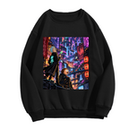 Two figures on a rooftop overlooking a glowing futuristic city shown on the front of a men's crewneck sweatshirt in a standalone product shot