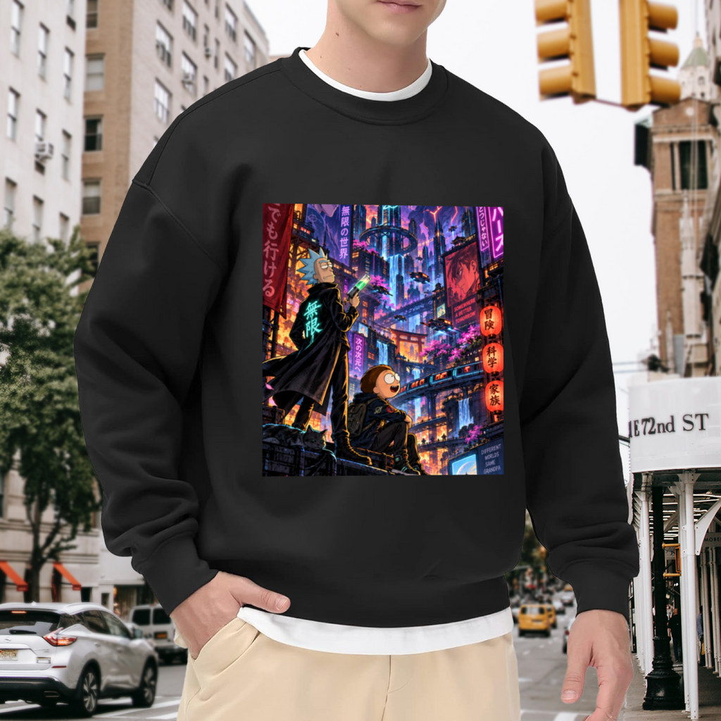 Outdoor photograph of a model in a men's crewneck sweatshirt bearing two figures on a rooftop overlooking a glowing futuristic city