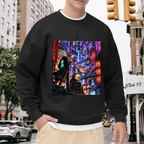 Outdoor photograph of a model in a men's crewneck sweatshirt bearing two figures on a rooftop overlooking a glowing futuristic city