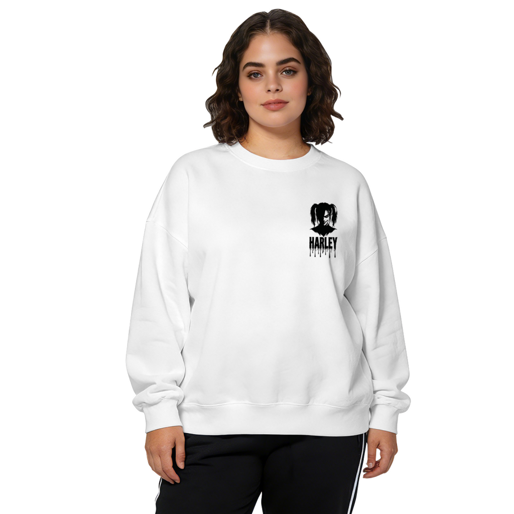 Women's crewneck sweatshirt seen on a model, its front graphic depicting a compact pigtail silhouette with ink-style lettering