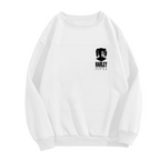 Front garment photograph: women's crewneck sweatshirt decorated with a compact pigtail silhouette with ink-style lettering