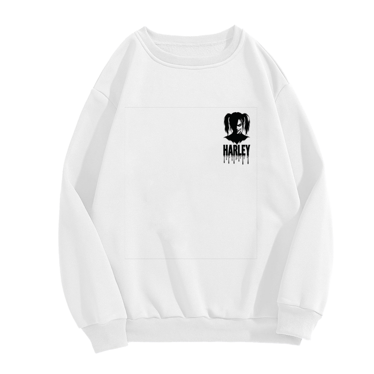 Front garment photograph: women's crewneck sweatshirt decorated with a compact pigtail silhouette with ink-style lettering