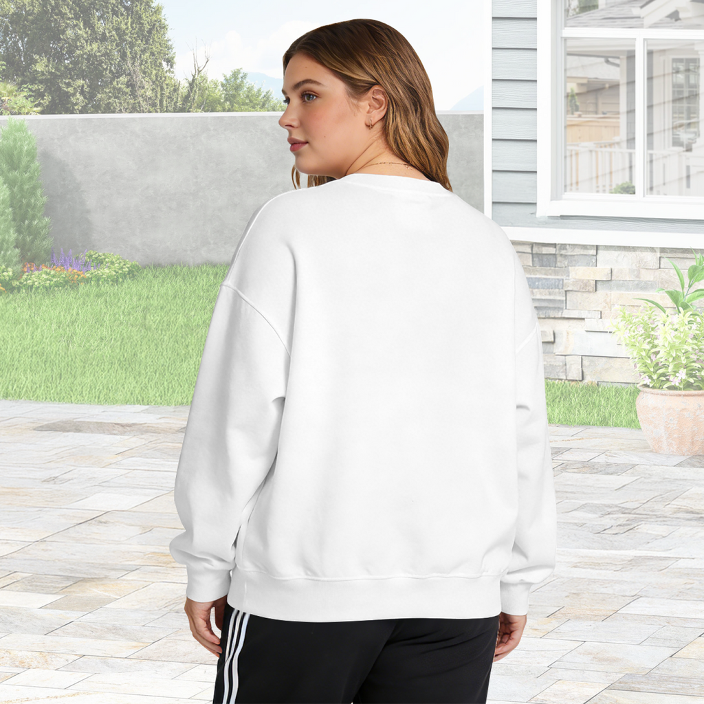 Women's Understated Pigtail Motif crewneck sweatshirt photographed on a model facing away outdoors; no back artwork
