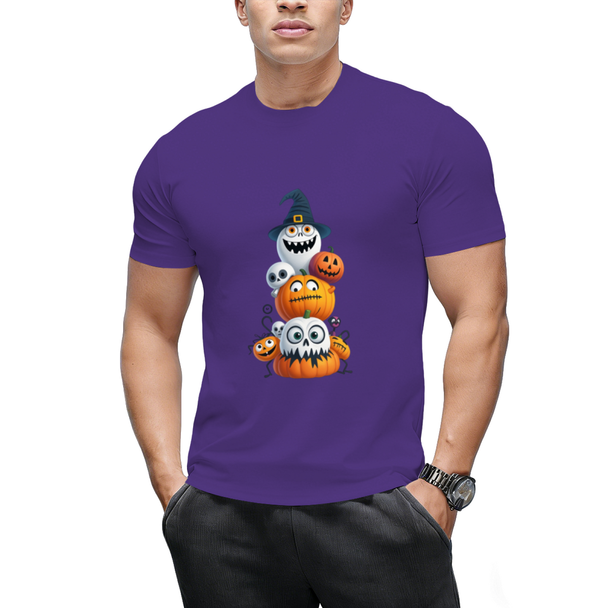Pumpkin and Skeleton Halloween Stack Graphic T-Shirt