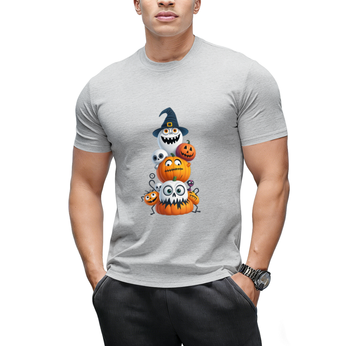 Pumpkin and Skeleton Halloween Stack Graphic T-Shirt