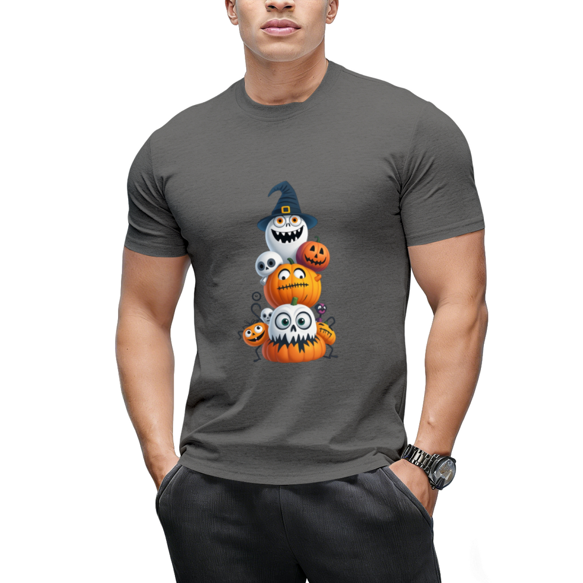 Pumpkin and Skeleton Halloween Stack Graphic T-Shirt