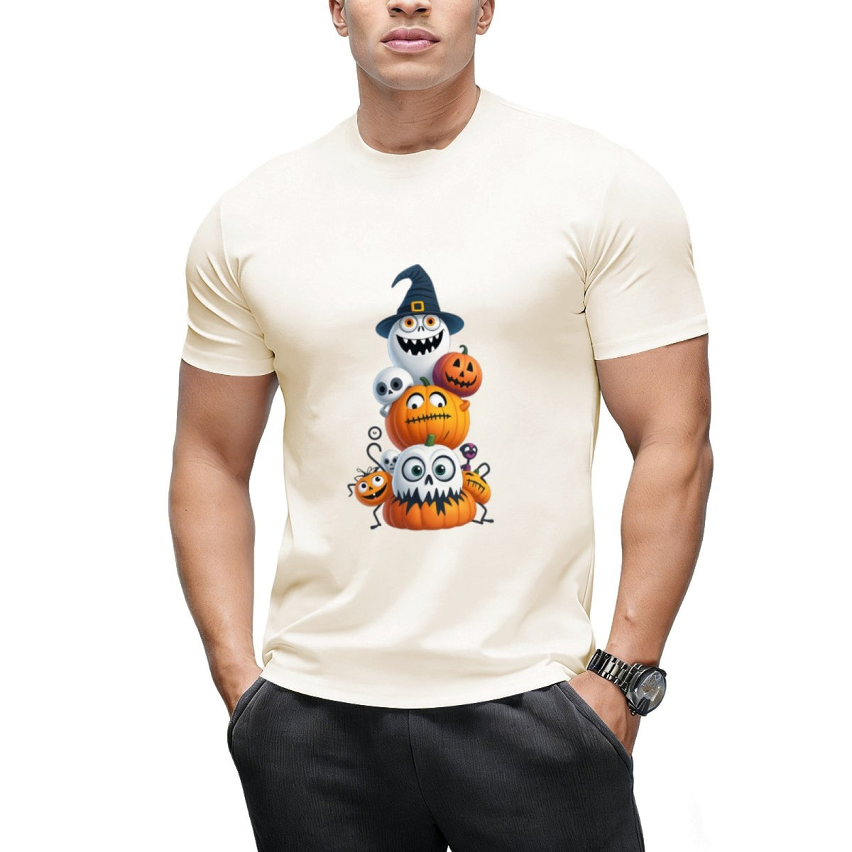 Pumpkin and Skeleton Halloween Stack Graphic T-Shirt
