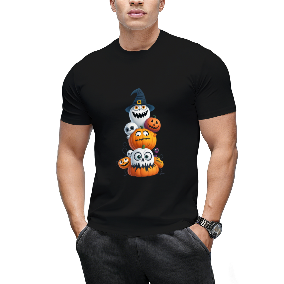 Pumpkin and Skeleton Halloween Stack Graphic T-Shirt