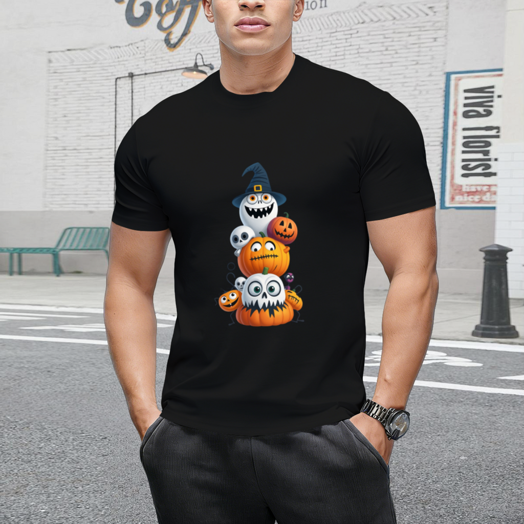 Pumpkin and Skeleton Halloween Stack Graphic T-Shirt