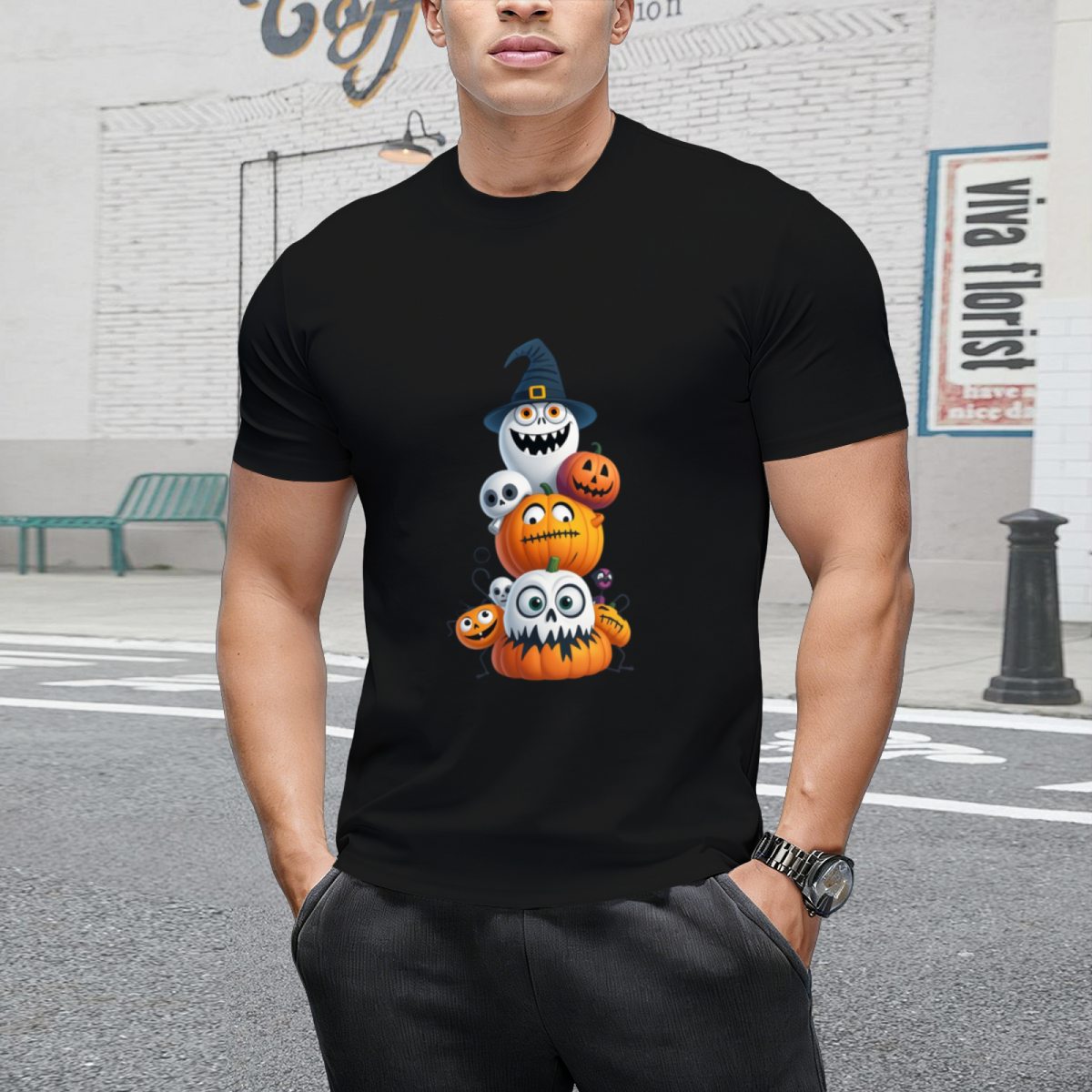 Pumpkin and Skeleton Halloween Stack Graphic T-Shirt