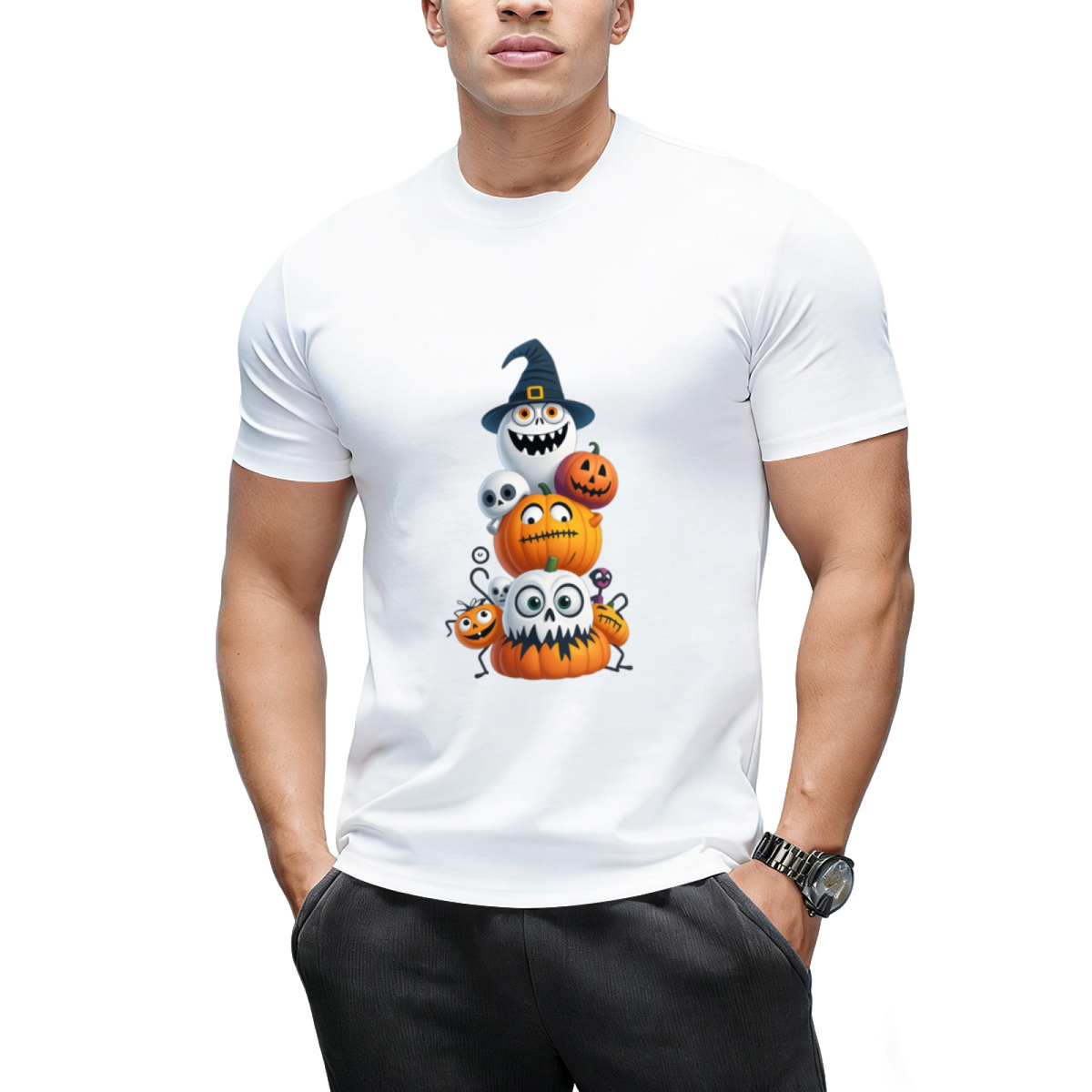 Pumpkin and Skeleton Halloween Stack Graphic T-Shirt