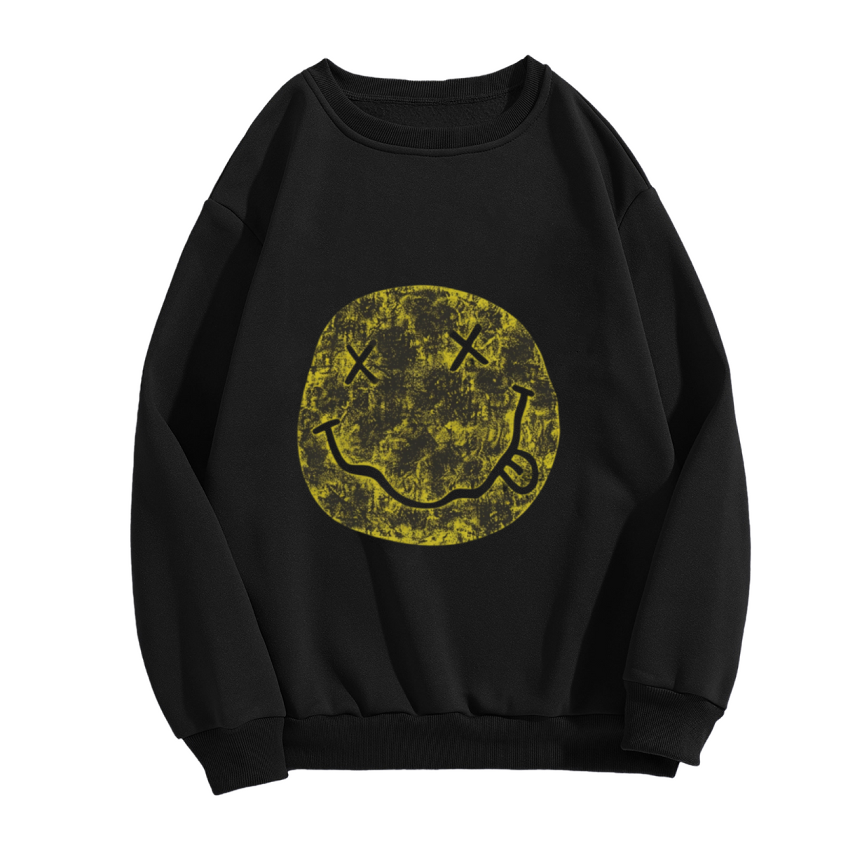 Crewneck sweatshirt product image with distressed Nirvana smiley-face design