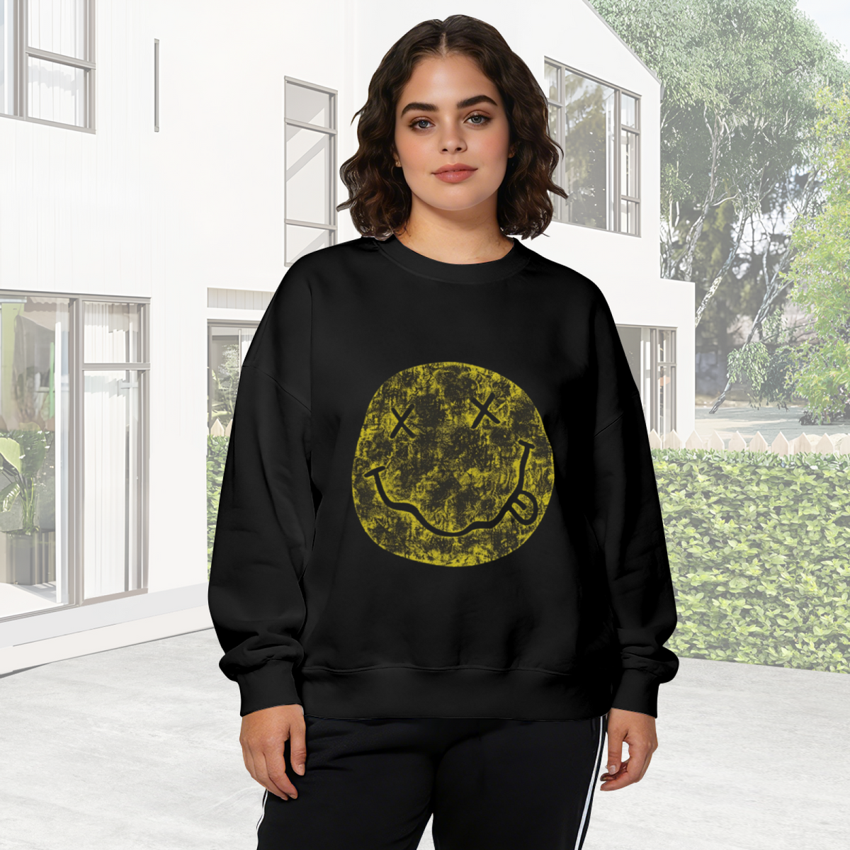 Crewneck sweatshirt product image with distressed Nirvana smiley-face design