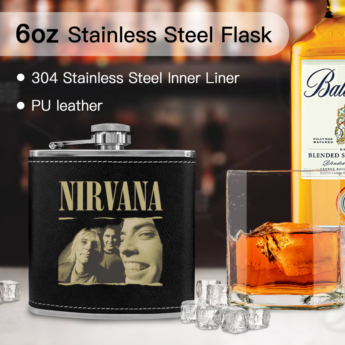 Nirvana Torn Edge 6oz vintage-style stainless steel hip flask product image