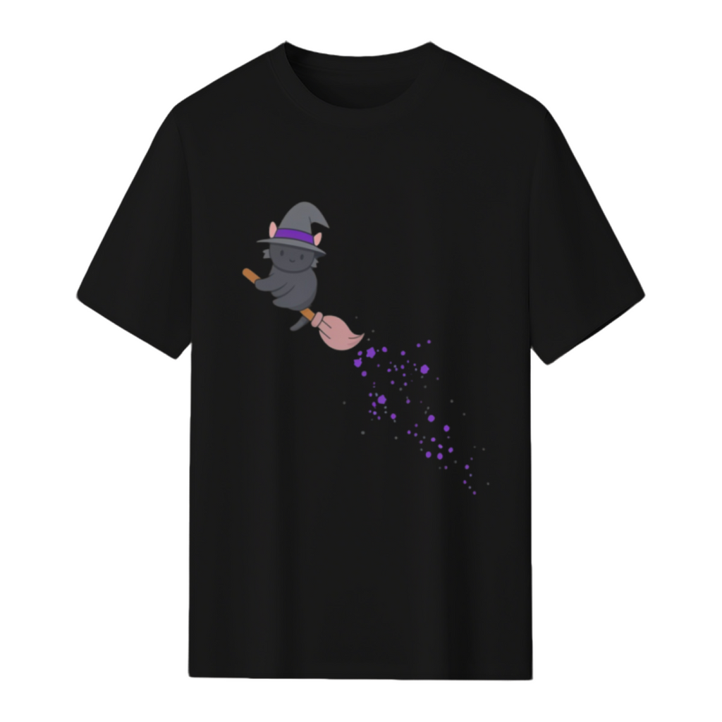 Kawaii Black Cat Witch on Purple Star Broom Graphic T-Shirt