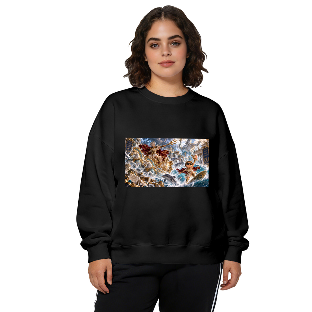 Women's crewneck sweatshirt seen on a model, its front graphic depicting a trident-bearing figure amid a turbulent panoramic ocean battle