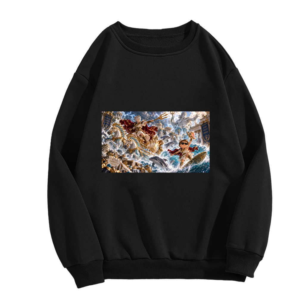 Front garment photograph: women's crewneck sweatshirt decorated with a trident-bearing figure amid a turbulent panoramic ocean battle