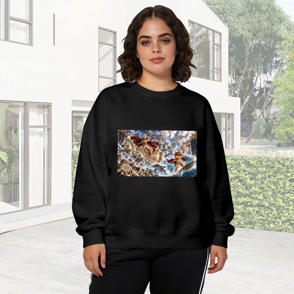 A trident-bearing figure amid a turbulent panoramic ocean battle visible on a women's crewneck sweatshirt in an outdoor front model view
