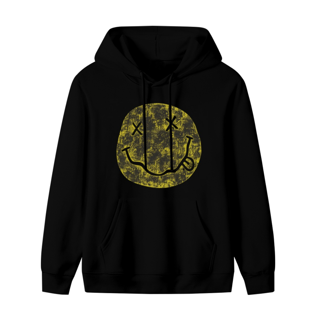 Nirvana Distressed Yellow Smiley Logo Hoodie, product image featuring the the smiley, reworked design