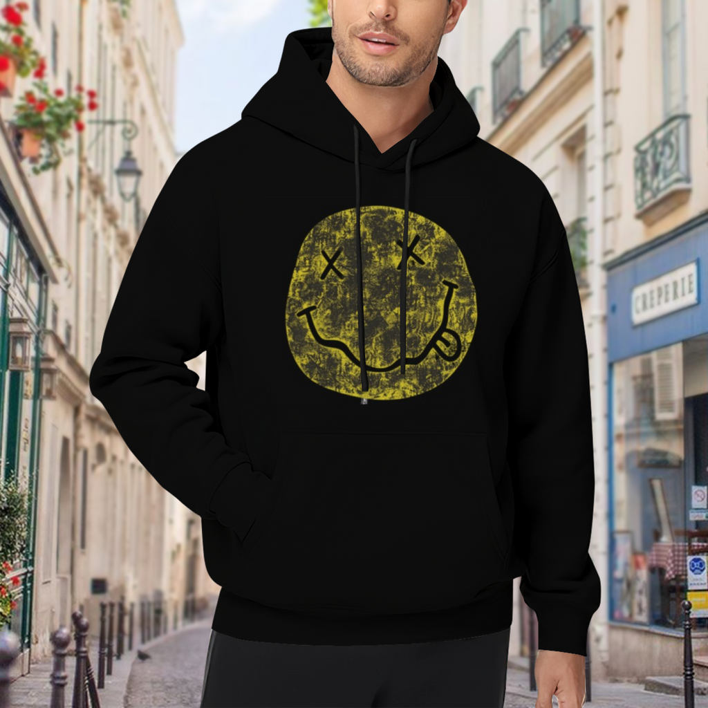 Nirvana Distressed Yellow Smiley Logo Hoodie, product listing image of the the smiley, reworked graphic