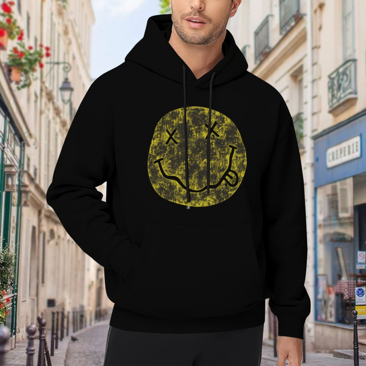 Nirvana Distressed Yellow Smiley Logo Hoodie, product listing image of the the smiley, reworked graphic