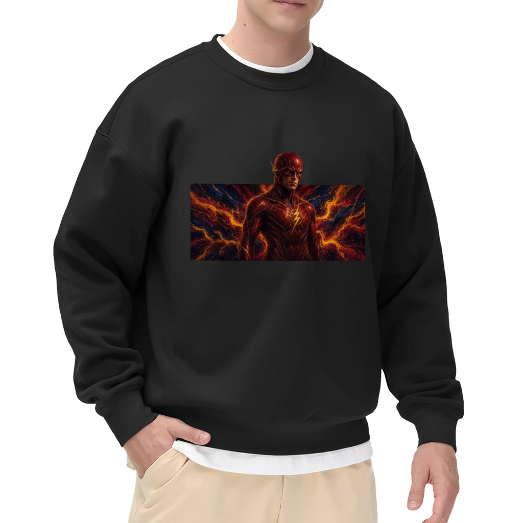 On-model product photo: men's crewneck sweatshirt bearing a masked figure framed by branching orange lightning in a wide panel