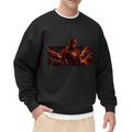 On-model product photo: men's crewneck sweatshirt bearing a masked figure framed by branching orange lightning in a wide panel
