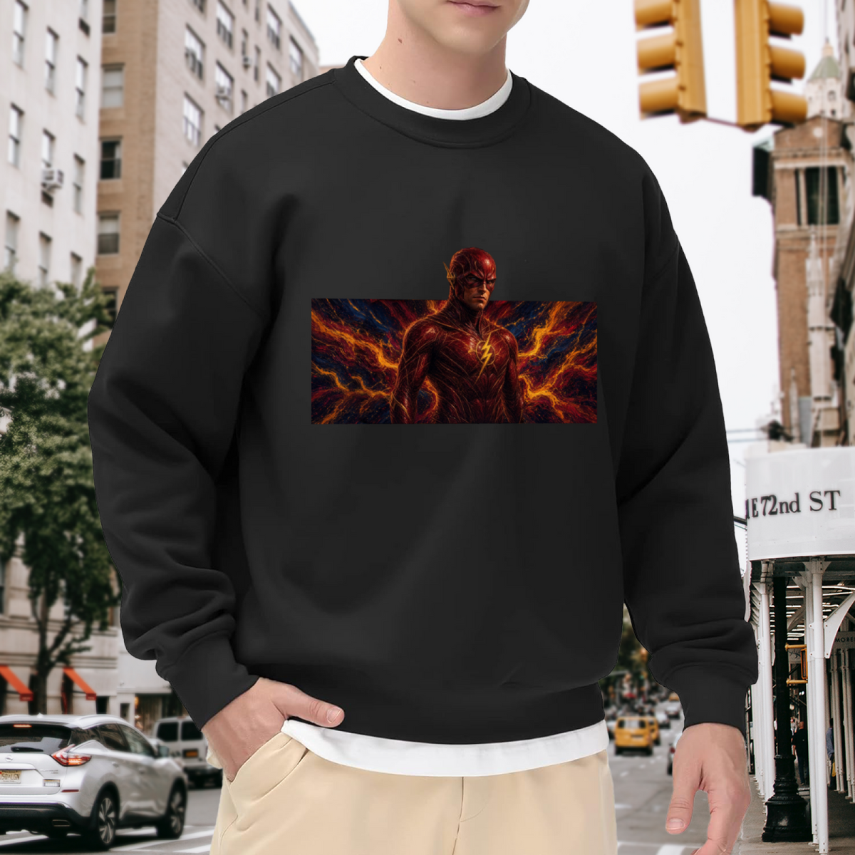 Lifestyle image outdoors: men's crewneck sweatshirt with a front graphic of a masked figure framed by branching orange lightning in a wide panel