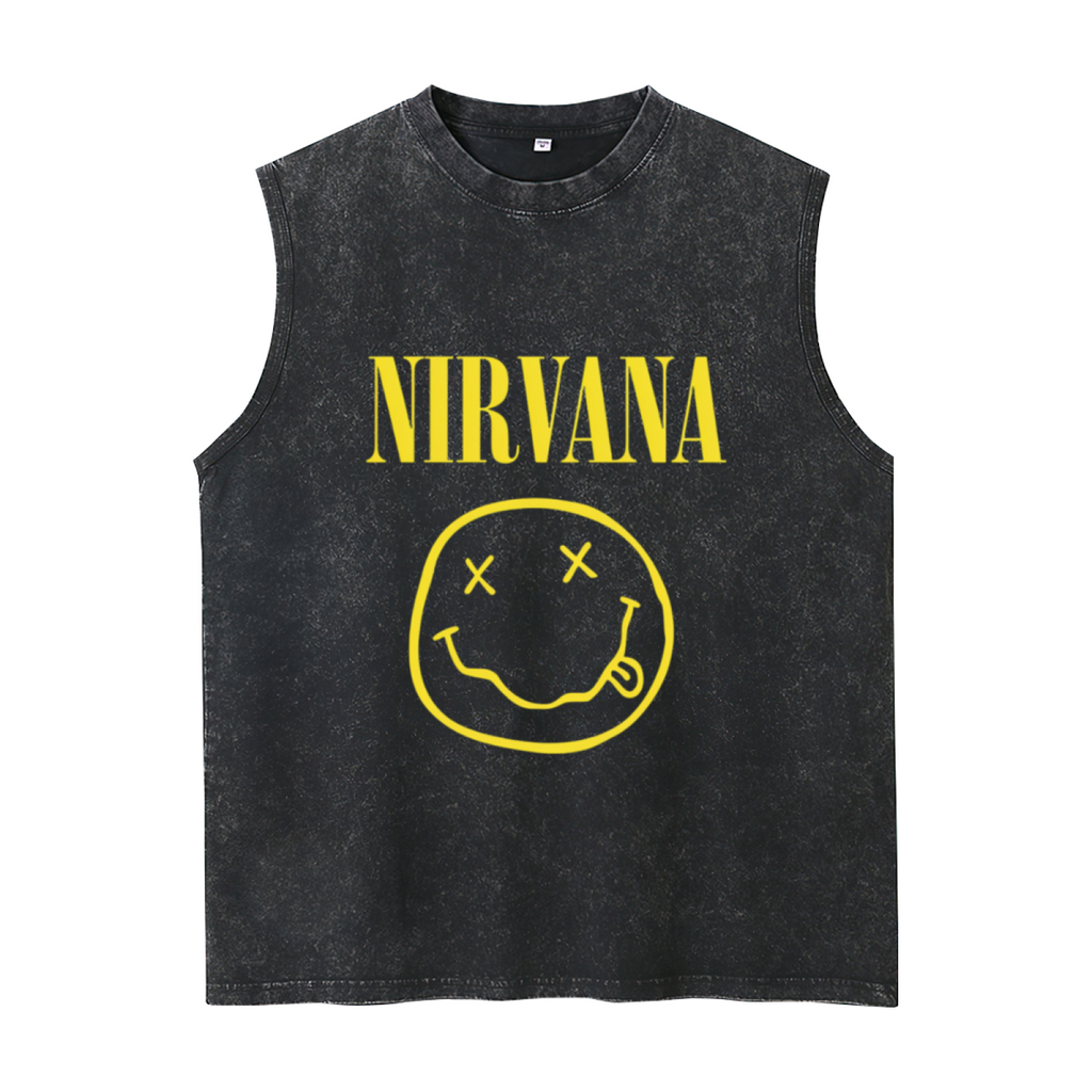 Nirvana Smiley Face Logo Unisex Washed Tank Top — product image showing the a Nirvana smiley-face logo design