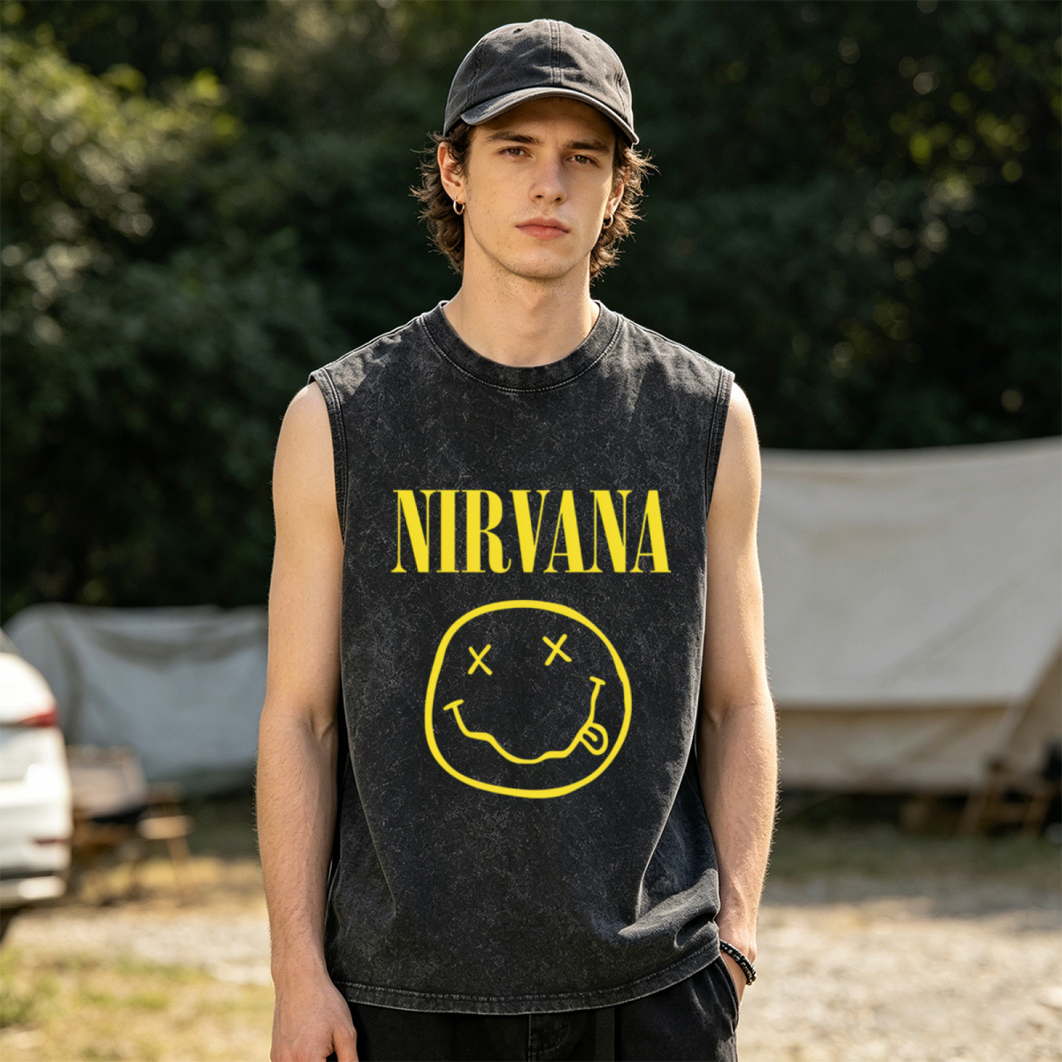 Nirvana Smiley Face Logo Unisex Washed Tank Top — product image showing the a Nirvana smiley-face logo design