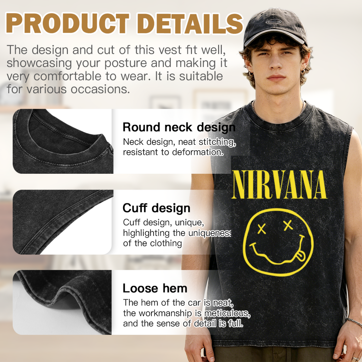 Nirvana Smiley Face Logo Unisex Washed Tank Top — product image showing the a Nirvana smiley-face logo design