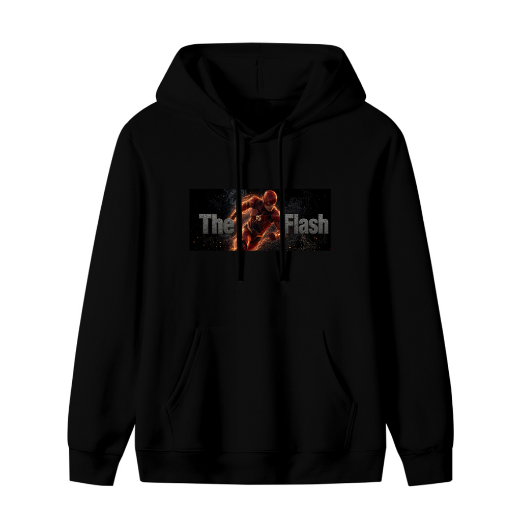 Front garment photograph: women's hoodie decorated with a running masked figure centered in a narrow lettered banner