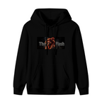 Front garment photograph: women's hoodie decorated with a running masked figure centered in a narrow lettered banner