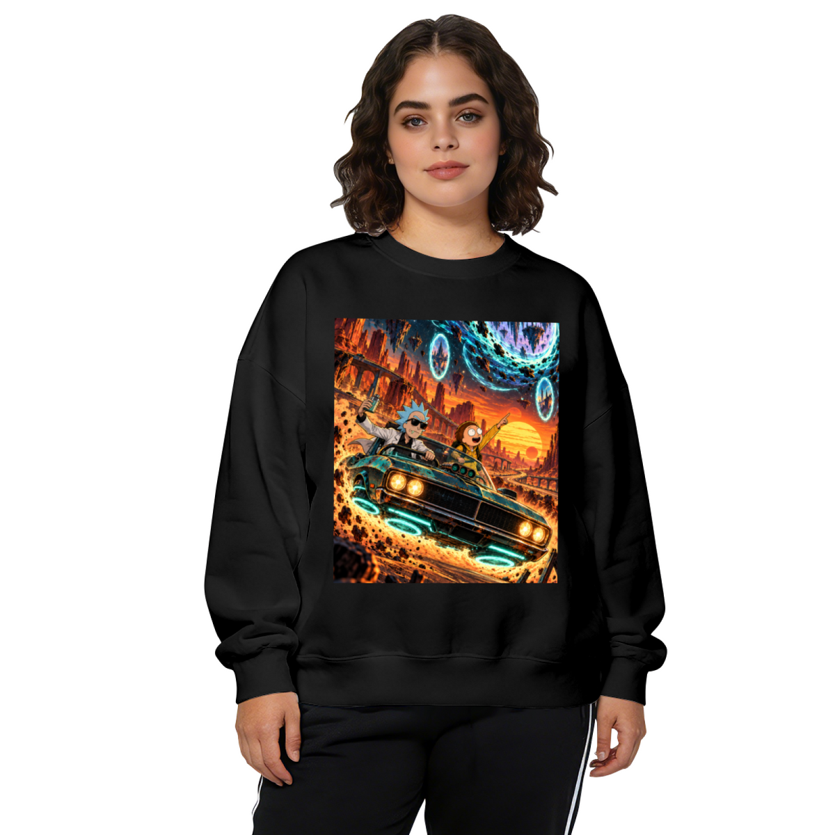 Studio photograph of a model in a women's crewneck sweatshirt showing a muscle car racing through a cosmic landscape of glowing portals
