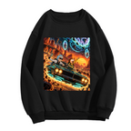 Standalone women's crewneck sweatshirt front displaying a graphic of a muscle car racing through a cosmic landscape of glowing portals